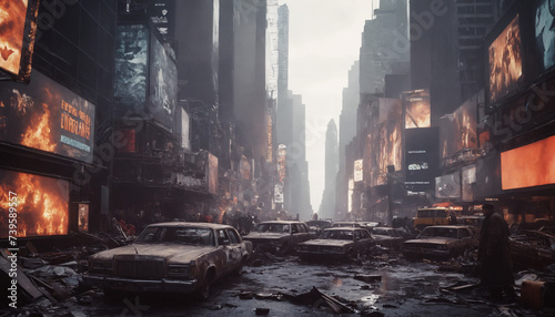 Post Apocalyptic City: New York Times Square in burnt-out vehicles, destroyed buildings and shattered roads