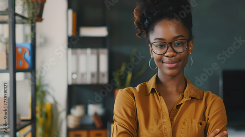 Positive beautiful young black business woman posing in office with hands folded, looking at camera with toothy smile. Happy african american female entrepreneur, corporate head shot portrait
