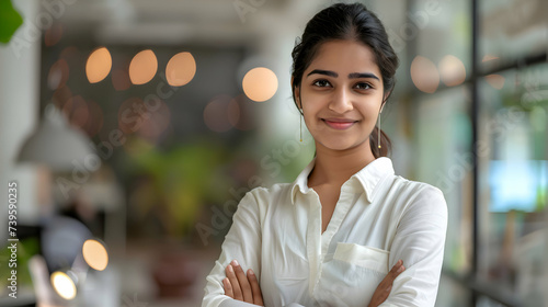 Positive beautiful young indian business woman posing in office with hands folded, looking at camera with toothy smile. Happy female entrepreneur, professional, worker girl head shot portrait