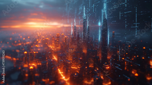 A 3D data visualization of eCommerce growth is depicted in the form of a futuristic city skyline with the tallest buildings representing the countries with the highest online