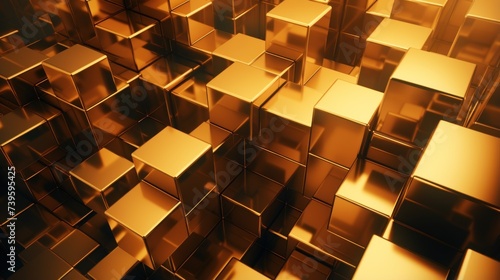 This image captures a seemingly endless array of reflective golden cubes, perfect for depicting concepts of infinity, wealth, and continuous development.
