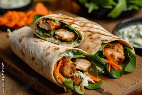 Grilled tandoori chicken wrap with veggies and tzatziki dip