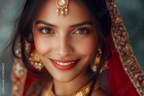 Indian girl smiling model with golden kundan jewelry wearing traditional lehenga choli
