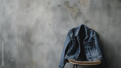 Denim jacket on a chair against a distressed wall