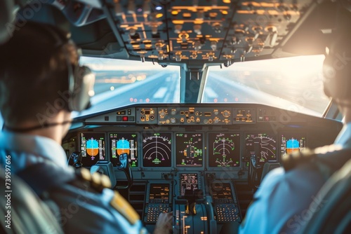 Modern passenger aircraft cockpit with pilots working