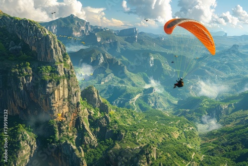 A brave paraglider fearlessly soars through the air above a vibrant, verdant valley.
