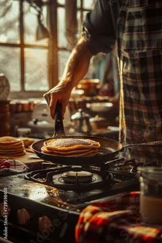 A man is flipping pancakes on a stove to prepare breakfast.