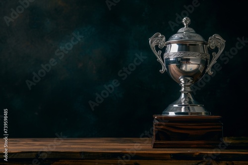 Silver trophy on dark table ready for design