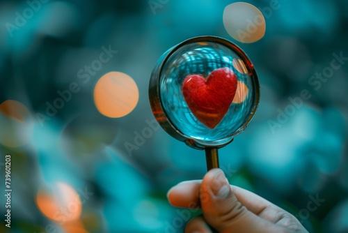 Searching for red heart through magnifying glass symbolizing true love