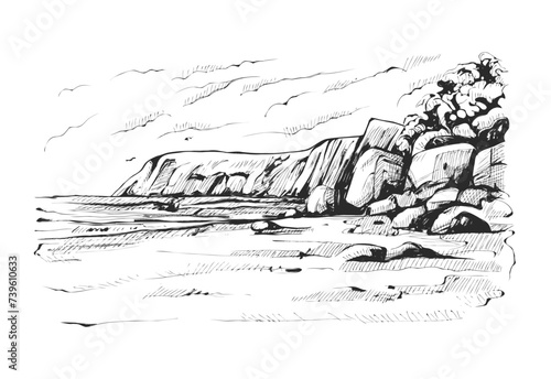 Sketch of the rocky coast. Hand drawn vector illustration