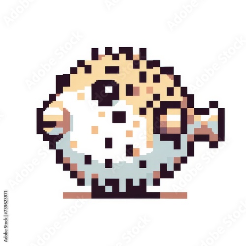 Pixel art of a pufferfish with a white background, in the style of early 90s video game console, cute 8 bit animal illustration