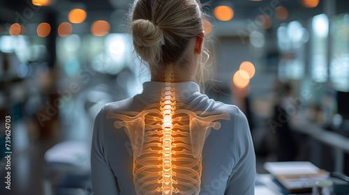highlighted spine of the neck and back of a woman standing in an office with neck and back pain in the office, medical concept, office syndrome, a woman with neck and back pain highlighted the bones