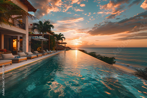 A luxurious beach resort with private cabanas and crystal clear pools, under a picturesque sunset.