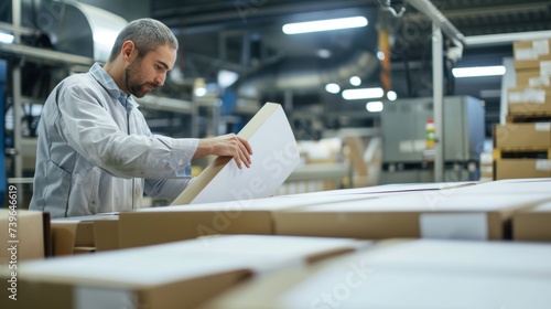A worker checking the quality of freshly printed packaging boxes at a reshored printing plant. The crisp and flawless boxes convey how bringing production back to local markets
