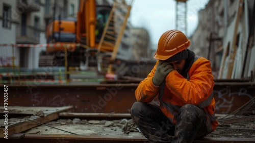 A lone construction worker sits in despair against the backdrop of the construction site. The worker appears disheartened and downtrodden, likely due to inadequate wages or fired. 