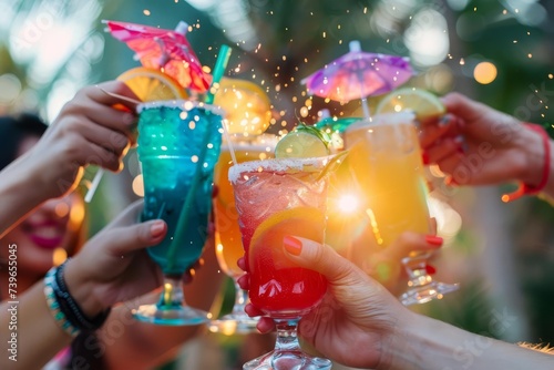 Friends celebrating with colorful cocktails at an outdoor party