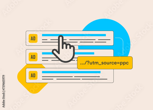 UTM code - Urchin Tracking Module. URL parameters end helps track content and social media campaign performance. Outline vector isolated illustration on white background with icons