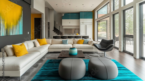This minimalist abode grabs attention with its sleek lines and dynamic color blocking with a cool gray base accented by pops of bright yellow and teal.