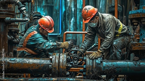 a photo of oil workers repairing the oil pump and pipes wearing helmets and gloves. image of worker.