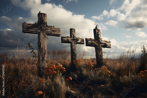 Tres cruces de madera vieja en un paraje abandonado lleno de hierbas silvestres bajo un cielo azul con nubes