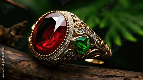 Admire the brilliance of an exquisite cut ruby gemstone shining on lush green velvet texture. Ai Generated