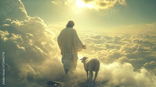 Jesus Christ with a white lamb walks on the clouds in the sky, Easter biblical resurrection story, AI generated