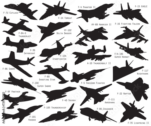 All American 25 jet fighter black vector silhouette illustration set.