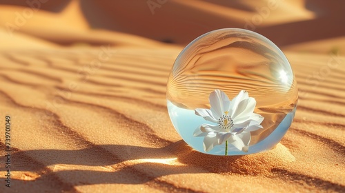 A transparent paperweight with a flower inside of it kept on desert with a big empty space for text, Generative AI.