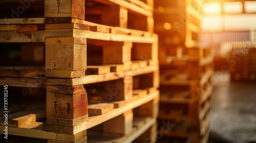 Witness the industrial process with a stack of wooden pallets at a factory warehouse, reflecting the seamless flow of materials and goods. AI generative.".