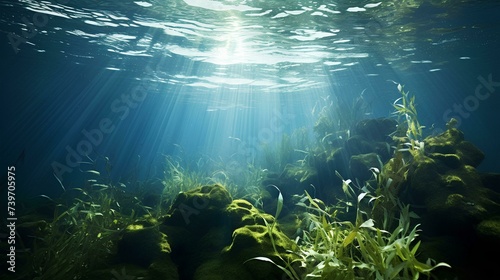 sunlight and submerge plants underwater in a lake.