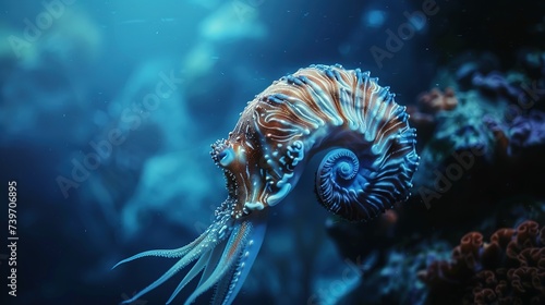 Underwater photo of a Nautilus swimming in deep water