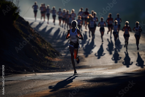 Leader Marathon Runner in Focus with Competitors in Background at Sunrise