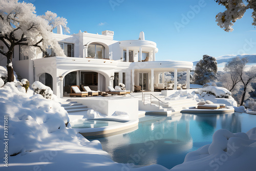 Landscape of Villa or hotel house modern with swimming pool covered with white snow. View of caldera and infinity typical white architecture background. Luxury travel concept, vacation destination.