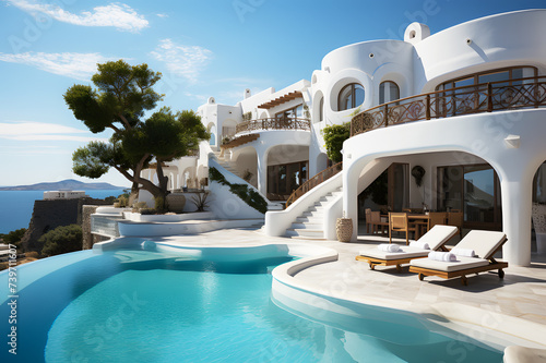 Landscape of Villa or hotel house modern with swimming pool. View of caldera and infinity swimming pool with typical white architecture background. Luxury travel summer concept, vacation destination. 