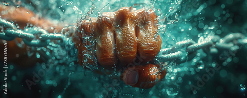 A cinematic scene of a 3D fist breaking free from digital chains a fight against digital oppression