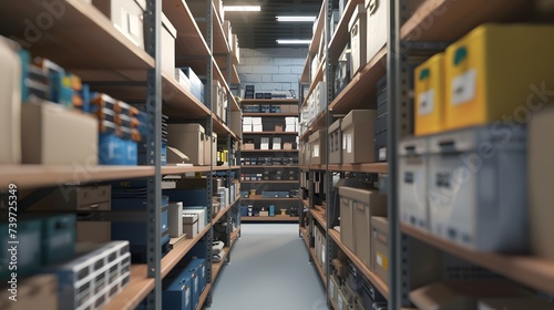 Interior of an old warehouse It Product with shelves filled with books and boxes