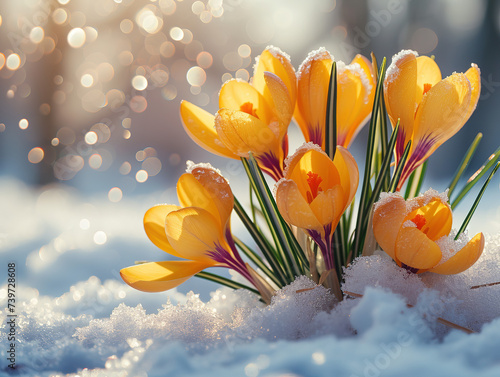 Crocuses yellow blossom on a spring sunny day in the open air. Beautiful primroses, Nature lighting of spring landscape, Spring flowers grow under the snow, a beautiful composition for Easter cards, G