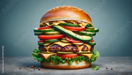 Generative AI image of appetizing burger king with layers of grilled meat pickle topped with tomatoes, avocado, cheese fresh lettuce and soft buns
