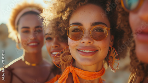 group portrait of several young stylish women models with beautiful hairstyles where the focus is on one girl with elegant facial features where she is wearing sunglasses