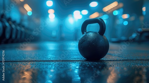 Kettlebell on Gym Floor with Blue Ambient Lighting