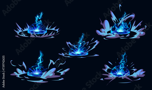 Lightning hit ground or floor with burst vfx effect. Cartoon vector illustration set of thunder bolt with flash and blue energy light. Power electric strike with ray and smoke clouds for game design.