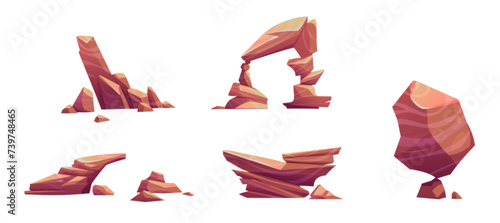 Big desert stone piles and cliff. Cartoon vector illustration set of west landscape brown rock and mountain. Game ui assets and elements of canyon formation and wall from rough boulder with texture.