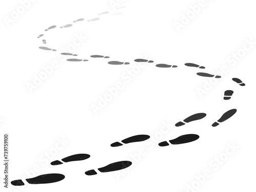 Path of shoe tracks. Walking away footsteps. Foot stamps moving beyond horizon. Soles steps going perspective. Boots footprints. Footwear imprints. Footmarks way. Recent vector concept
