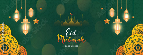 Eid Mubarak wishes or greeting banner, poster, design with green background or golden lantern with mosque social media wishing post , banner, design vector illustration