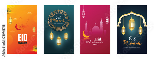 Eid Mubarak wishes or greeting insta story post design with yellow orange or pink and green teal color background or golden lantern and mosque social media Instagram poster design vector illustration