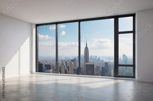 Interior skyscrapers view cityscape mockup of a blank room with a white wall during the day. Skyline view from a high-rise window. A gorgeous real estate with a view.