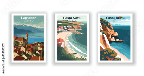 Costa Brava, Spain. Lausanne, Switzerland. Costa Nova, Portugal - Vintage travel poster. High quality prints