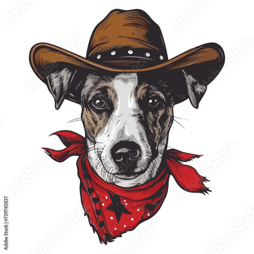 Jack Russell Terrier dog Head wearing cowboy hat and bandana around neck