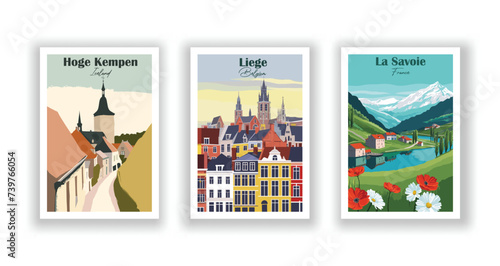 Hoge Kempen, Belgium. La Savoie, France. Liege, Belgium - Vintage travel poster. High quality prints