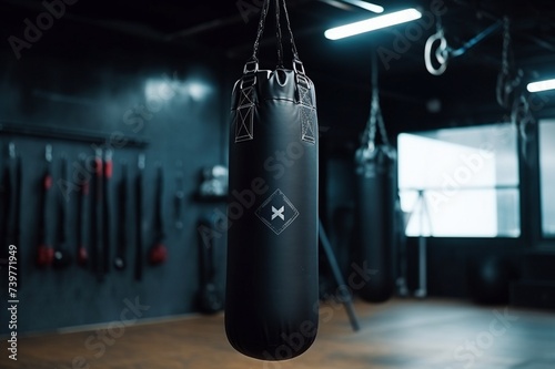 Ein schwarzer Boxsack in einem Fitnessstudio 